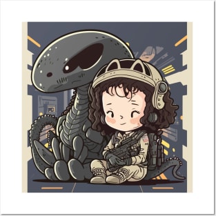 Ellen Ripley and The Xenomorph Cute and Chibi Version of Alien Posters and Art